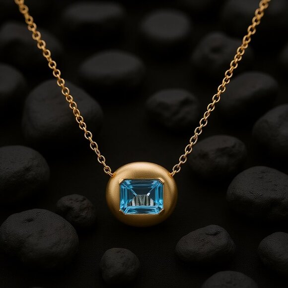 Emerald-Cut 14K (or 18k upon request) Yellow Gold Blue Topaz Solitaire Necklace - Picture 4 of 5